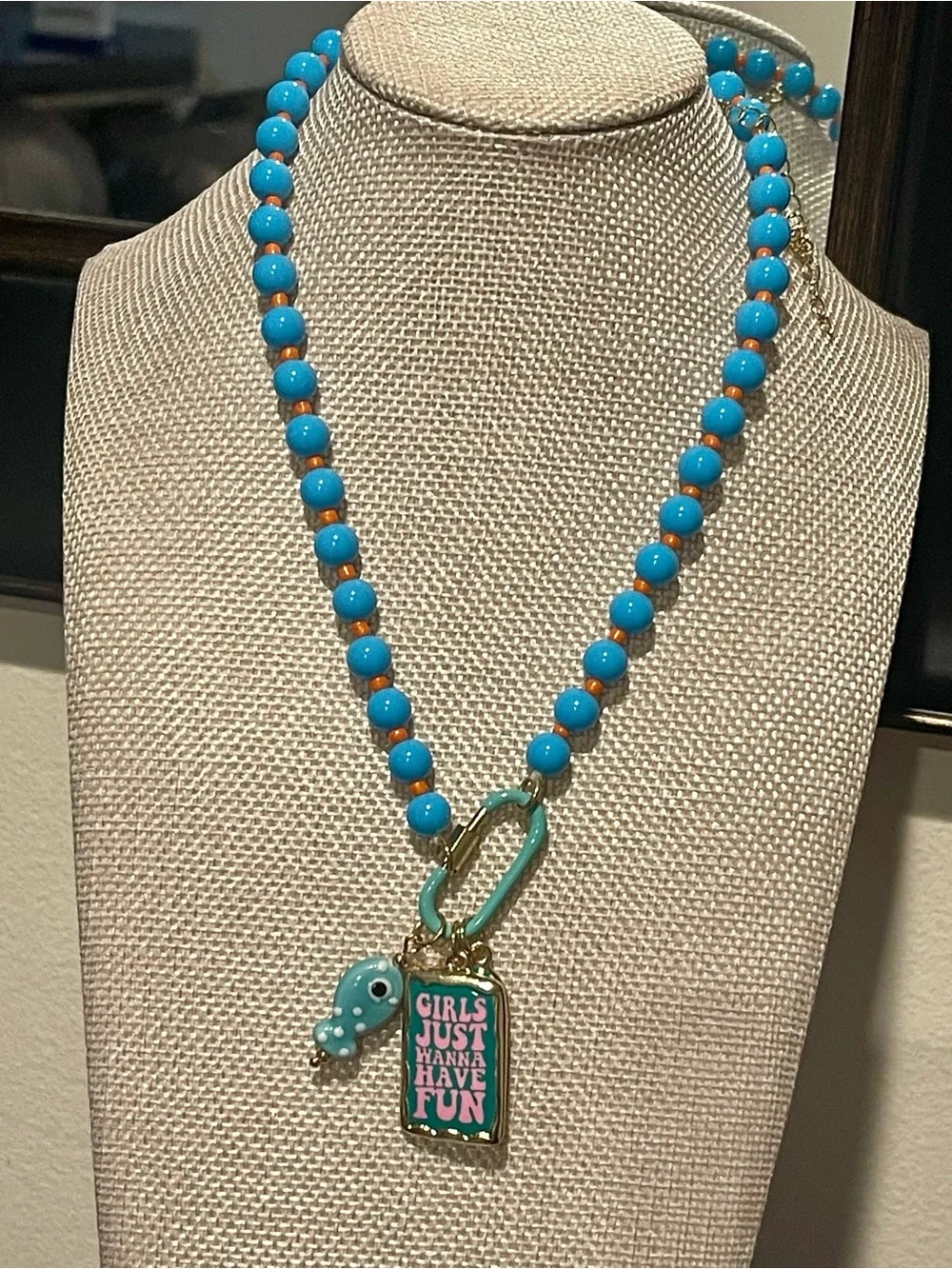 “Girls Just Wanna Have Fun” Blue Bead Charm Necklace